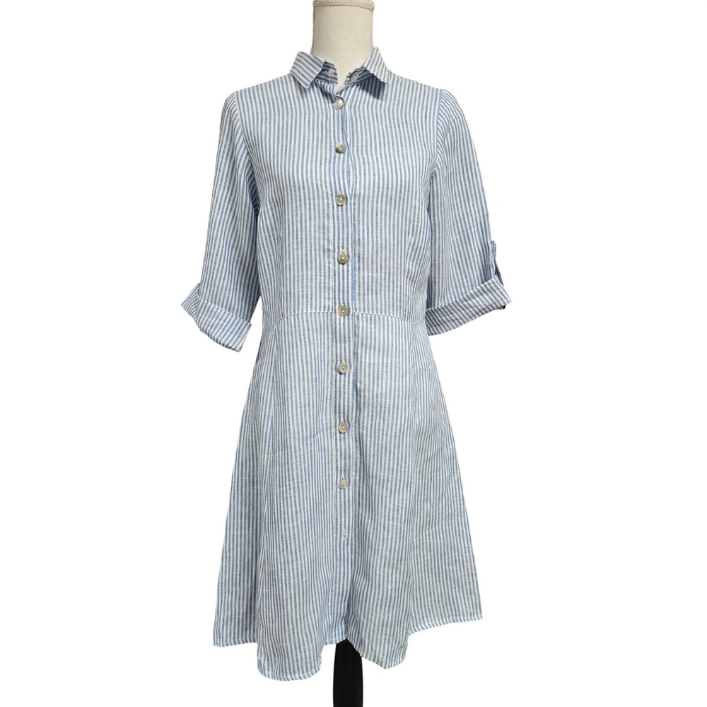 Angela Romano Amalfi 100% Linen Shirt Dress Blue White Stripe Made in Italy Sz S